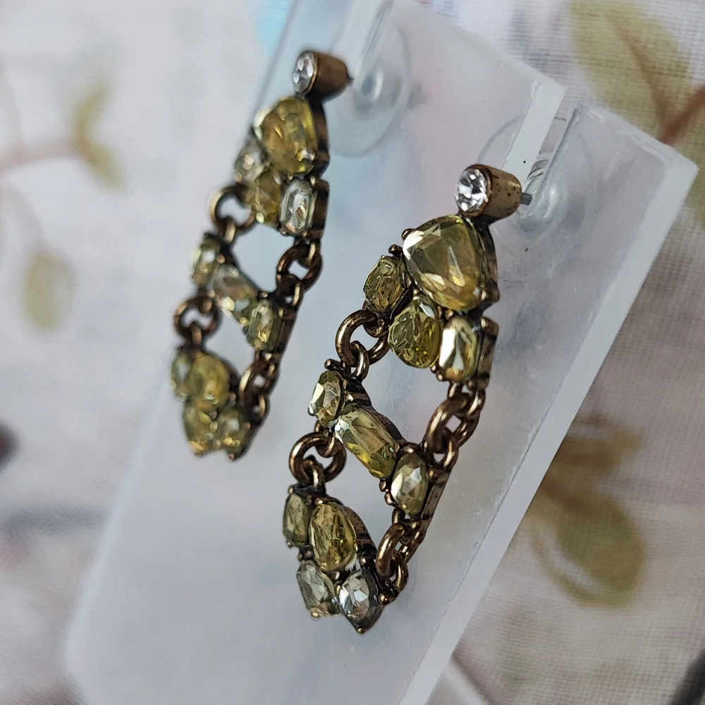 J. Crew Citrine Color Stones With Clear Rhinestones Signed Pierced Earrings EUC